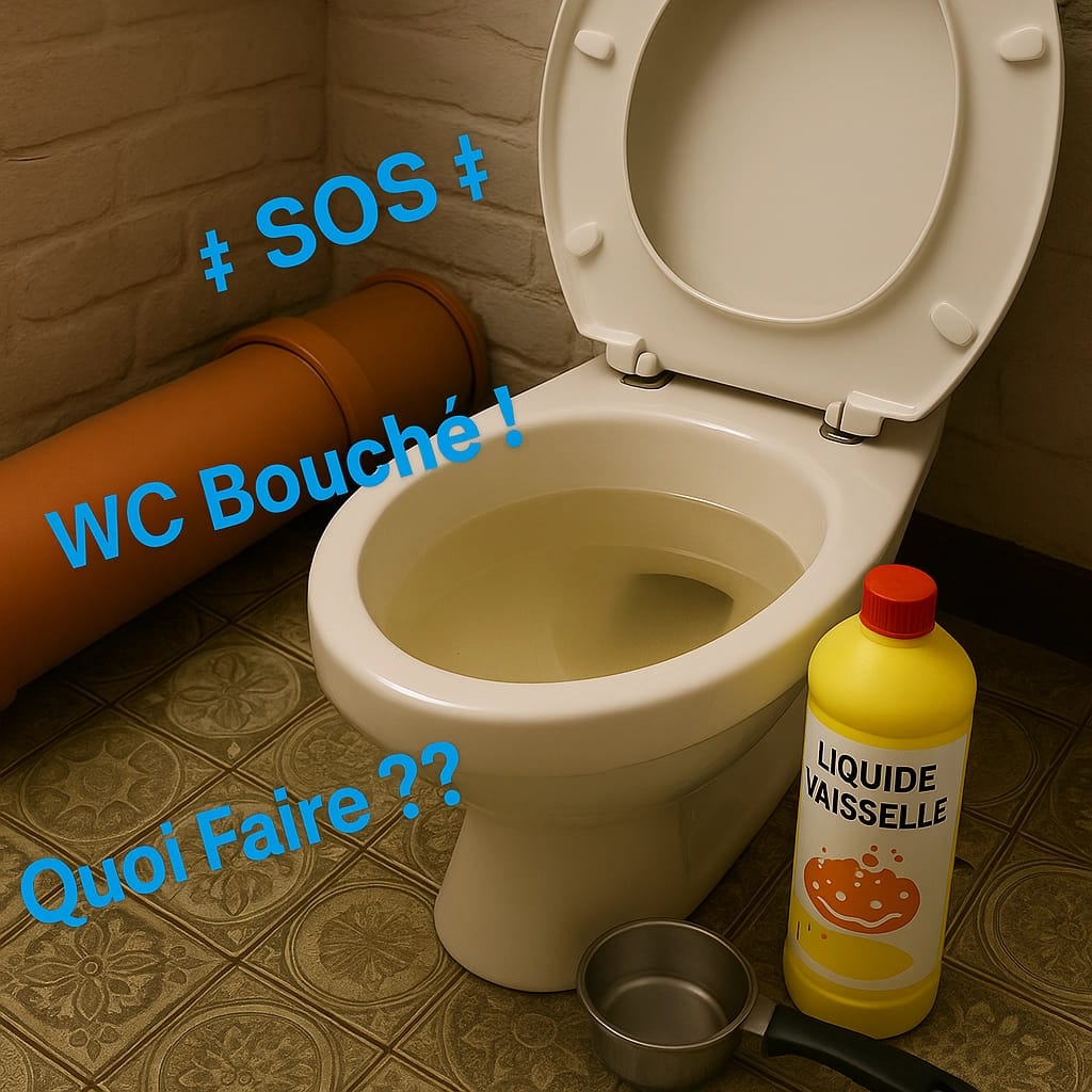 WC bouché avec cuvette pleine et avec du liquide vaisselle SanExpress