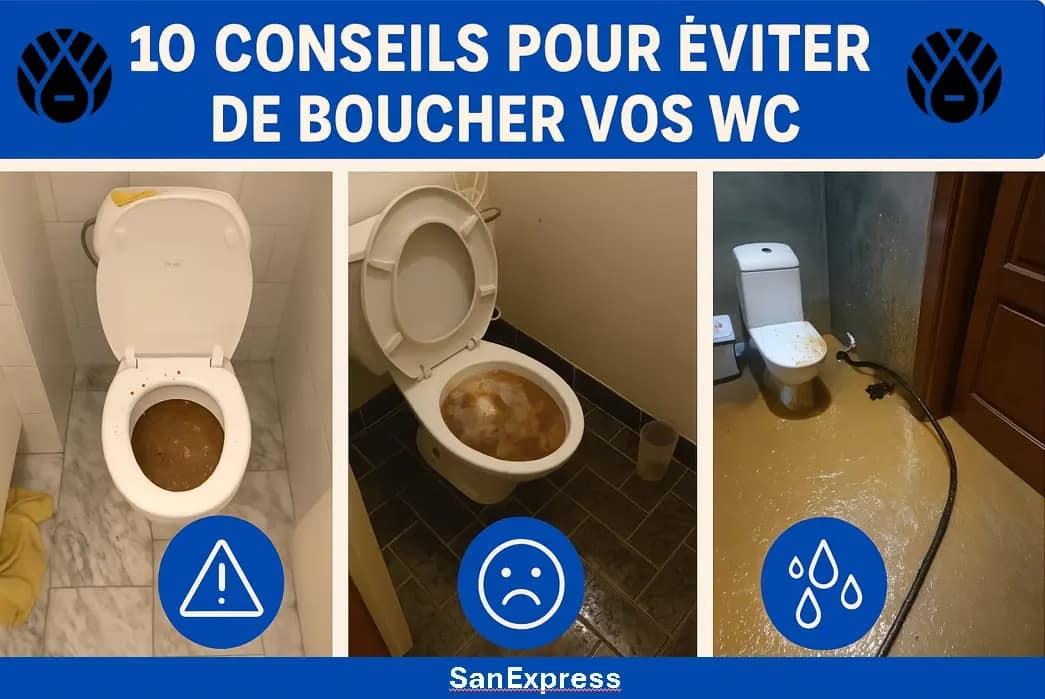Montage de trois situations extrêmes de WC bouchés, illustrant les conséquences d’un mauvais entretien : débordement, remontées d’eaux usées, et inondation dans les toilettes. 10 CONSEILS POUR EVITER DE BOUCHER VOS WC