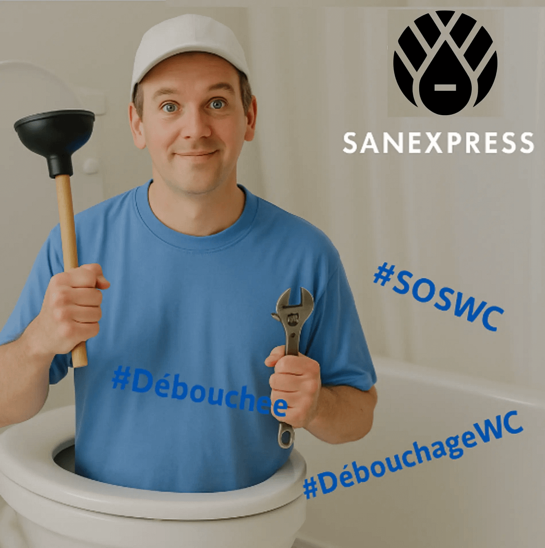 Plombier souriant de SanExpress tenant une ventouse et une clé à molette, debout dans une cuvette de WC, avec les hashtags #SOSWC, #DébouchageWC, et le logo de l’entreprise en arrière-plan.