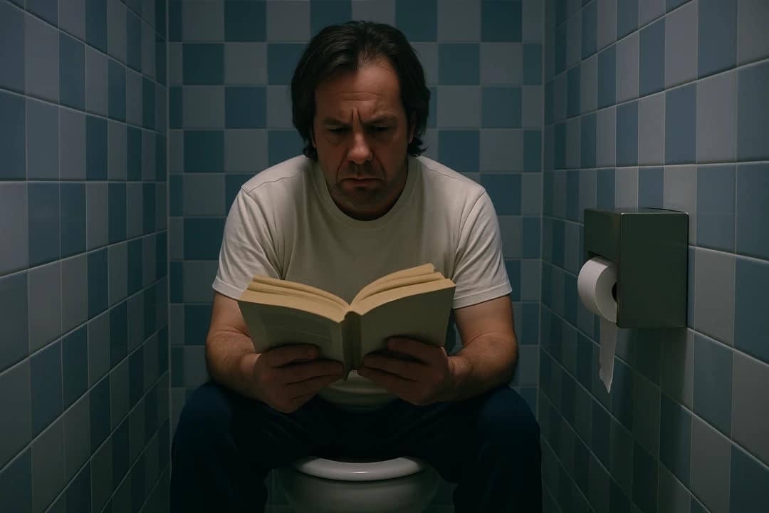 Un homme lit un livre en étant assis sur des toilettes dans une salle de bain carrelée bleue, illustrant une situation banale avant un éventuel problème de WC bouché.