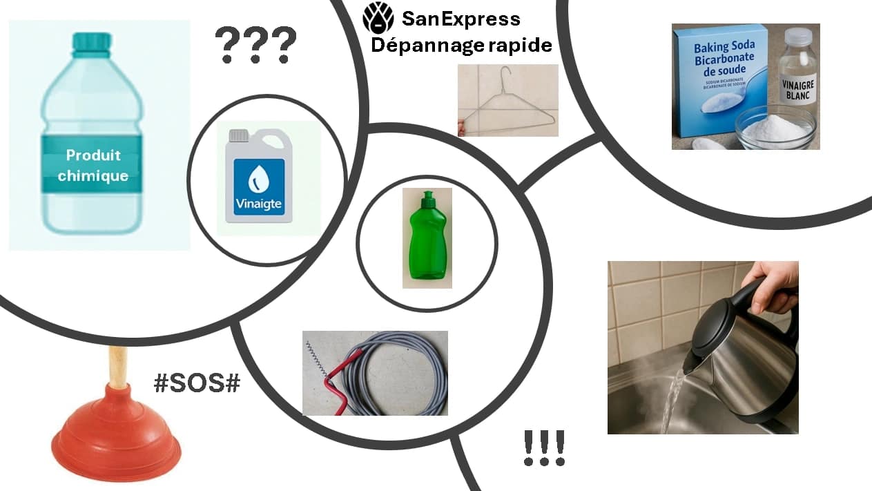 Montage graphique créatif montrant différents produits et outils de débouchage maison : vinaigre blanc, bicarbonate de soude, produit vaisselle, cintre en métal, furet, ventouse, eau chaude et produits chimiques. Des bulles avec des symboles comme ???, SOS et !!! illustrent les dilemmes et urgences fréquentes face à une canalisation bouchée.