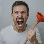 Homme frustré tenant une ventouse rouge devant un mur de salle de bain, illustrant un problème de canalisation bouchée avec le texte "Canalisation bouchée - Que faire?"