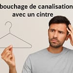 Homme perplexe tenant un cintre métallique à la main, avec une expression interrogative, illustrant l’idée de débouchage de canalisation avec un cintre comme solution maison