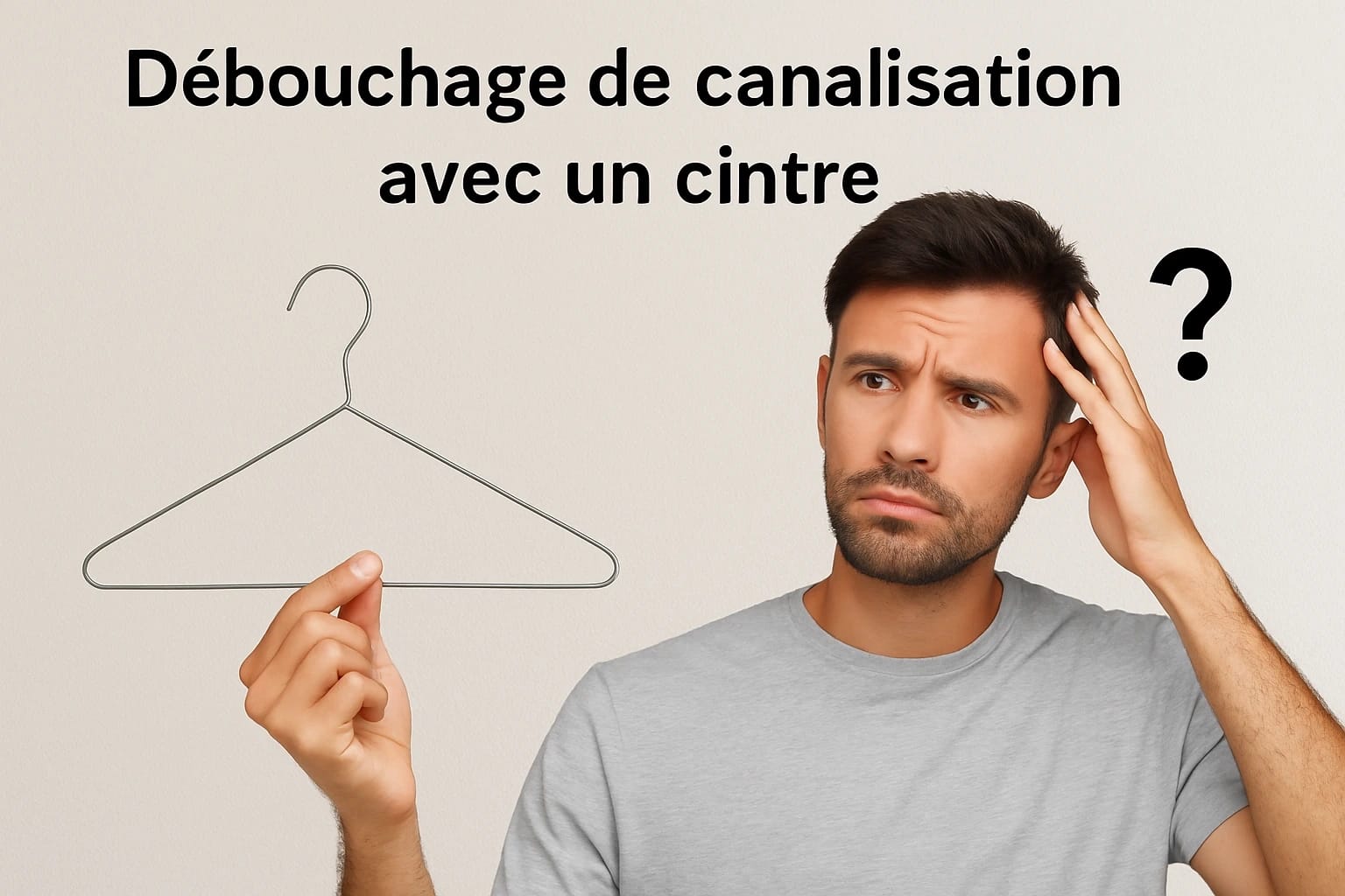 Homme perplexe tenant un cintre métallique à la main, avec une expression interrogative, illustrant l’idée de débouchage de canalisation avec un cintre comme solution maison