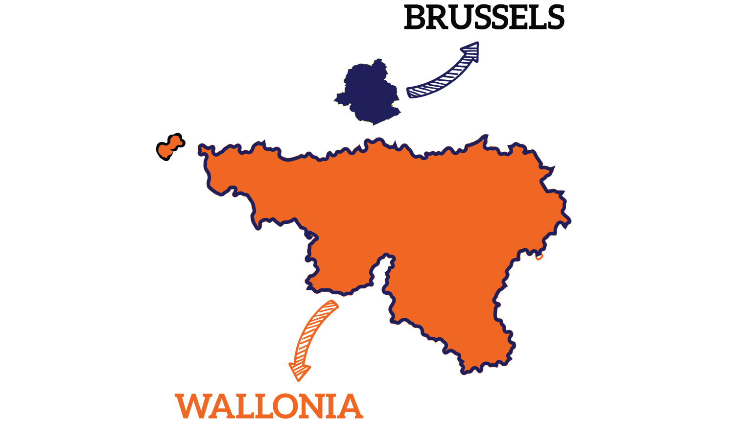 Carte de la Belgique mettant en évidence la Wallonie en orange et la région de Bruxelles en bleu, zones d’intervention de SanExpress.