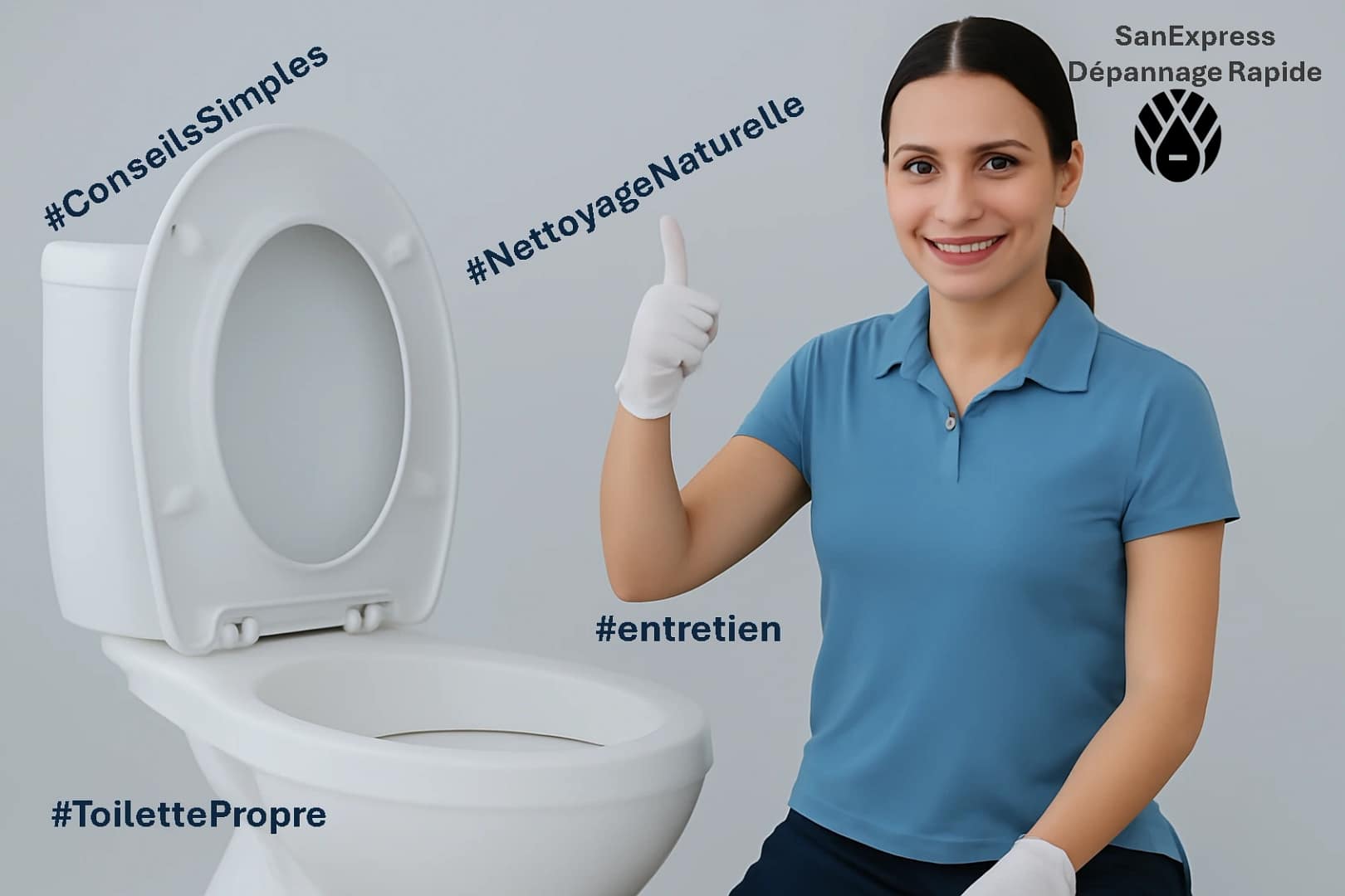 Une jeune femme souriante en tenue de travail bleu clair nettoyant des toilettes avec des gants blancs et montrant un pouce levé, dans un environnement lumineux et neutre.