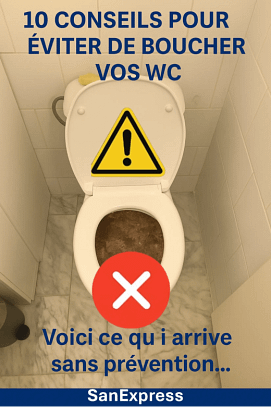 Photo d’un WC bouché dans une petite salle de bain, avec le message “Voici ce qui arrive sans prévention”, illustrant un cas réel d’obstruction à cause d’un manque d’entretien – SanExpress.