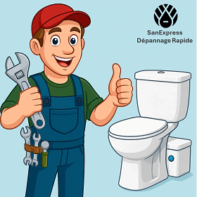 Illustration d’un plombier cartoon en tenue bleue, debout à côté d’un WC sanibroyeur qui ne s’arrête pas, prêt à intervenir avec ses outils – SanExpress Wallonie.