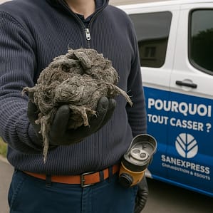 Main d’un technicien SanExpress tenant un amas de lingettes bouchées devant un véhicule de débouchage.