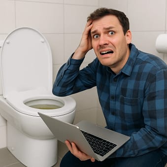 Un homme stressé et paniqué devant un sanibroyeur bouché, cherchant désespérément une solution pour résoudre le problème.