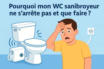 Illustration d’un WC sanibroyeur ne s'arrete pas avec moteur en marche continue et point d’interrogation, représentant un dysfonctionnement courant du sanibroyeur.