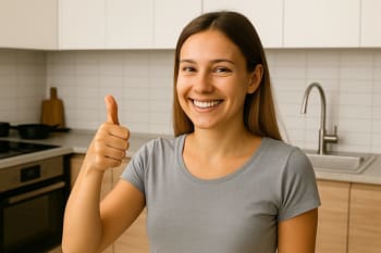 Jeune femme souriante dans une cuisine moderne, faisant un geste de pouce levé en signe de satisfaction. Elle se tient près de l’évier, habillée d’un t-shirt gris, dans un environnement lumineux et propre après avoir résolu un problème de mauvaises odeurs de canalisation.