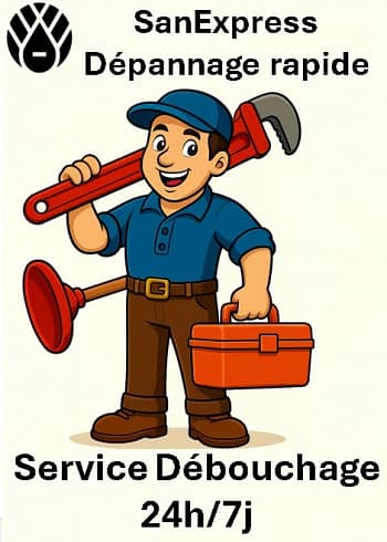 Illustration d’un plombier cartoon souriant, vêtu d’un polo bleu et pantalon marron, tenant une grande clé à molette sur l’épaule gauche et une boîte à outils orange dans la main droite. Il est accompagné d’un logo SanExpress et des mentions "Dépannage rapide", "Service Débouchage 24h/7".