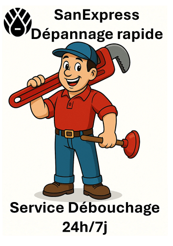 Illustration d’un plombier cartoon souriant en chemise rouge et casquette bleue, tenant une ventouse et une grande clé à molette rouge, symbolisant le service de débouchage de canalisation