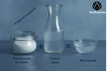 Photo illustrant la combinaison de bicarbonate de soude et de vinaigre blanc comme solution naturelle pour Déboucher un WC avec du vinaigre blanc. Les éléments sont alignés sur fond bleu : un pot de bicarbonate, une bouteille de vinaigre, et un bol d’eau claire symbolisant un WC débouché.