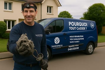 Technicien SanExpress tenant un bouchon de lingettes devant son véhicule après une intervention pour un wc bouché par des lingettes