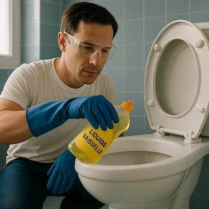Personne versant du liquide vaisselle dans des toilettes bouchées avec une casserole d’eau chaude à côté – méthode douce et efficace pour déboucher.