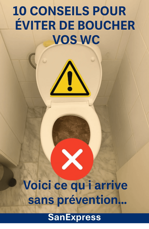 Photo d’un WC bouché dans une petite salle de bain, avec le message “Voici ce qui arrive sans prévention”, illustrant un cas réel d’obstruction à cause d’un manque d’entretien – SanExpress.