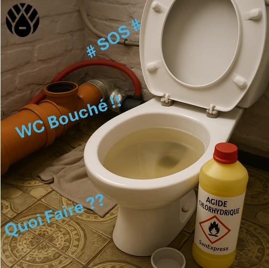 Toilette bouchée avec cuvette remplie d’eau stagnante, flacon d’acide chlorhydrique marqué SanExpress posé à côté, scène simulant une situation d’urgence pour déboucher un WC.