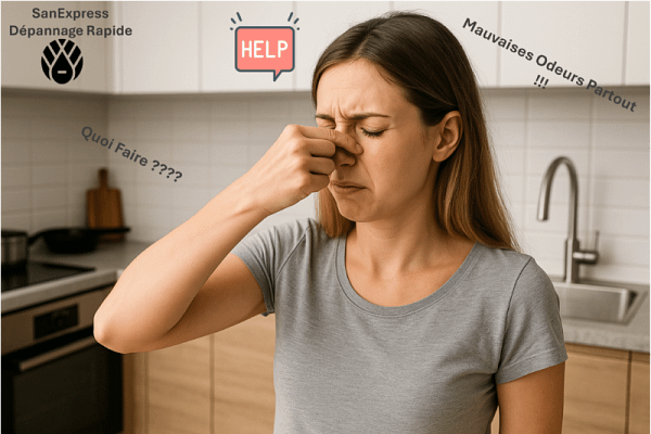 Une femme se tient dans une cuisine moderne, pinçant son nez à cause des odeurs de canalisation. Des textes comme "HELP", "Quoi faire ???", "Mauvaises odeurs partout !!!" et le logo de SanExpress Dépannage Rapide sont ajoutés sur l’image pour illustrer une situation d’urgence liée aux odeurs d’égout.