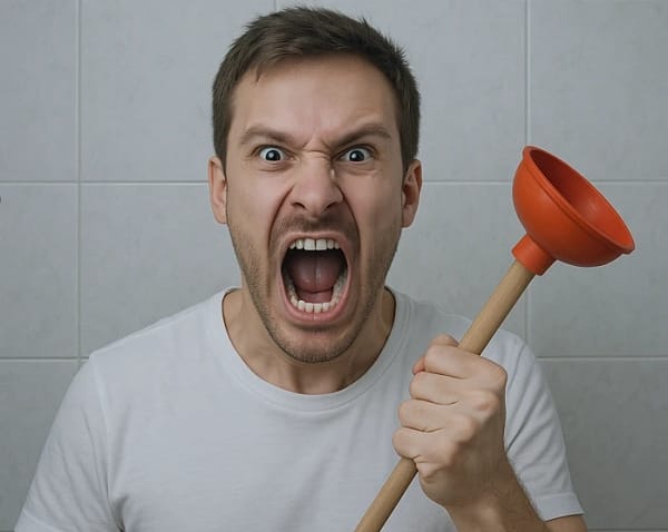 Homme frustré tenant une ventouse rouge devant un mur de salle de bain, illustrant un problème de canalisation bouchée avec le texte "Canalisation bouchée - Que faire?"