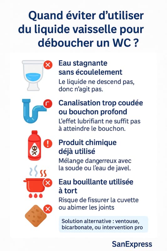 Infographie en français listant cinq cas où il ne faut pas utiliser de liquide vaisselle pour déboucher un WC : bouchon trop solide, eau stagnante, canalisation sinueuse, produit chimique déjà utilisé, ou eau bouillante.