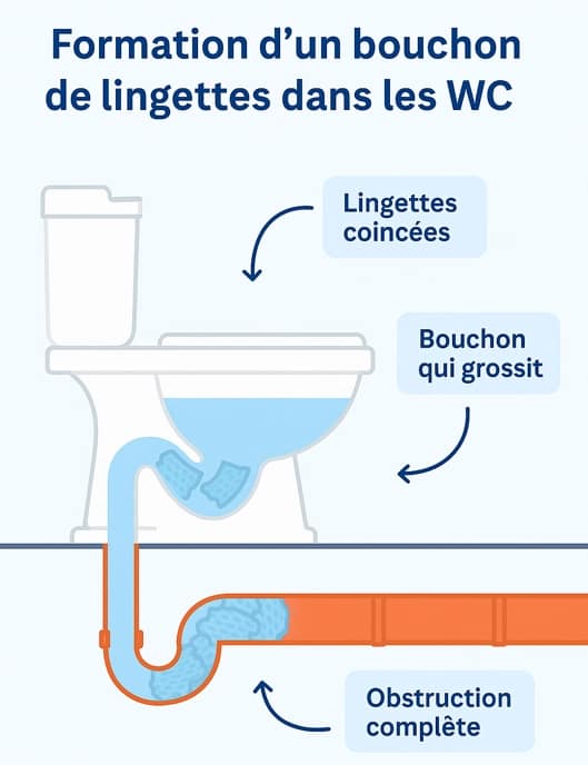 Méthodes maison pour déboucher un WC obstrué par des lingettes - SanExpress Schéma montrant comment les lingettes bouchent un WC : amas dans la cuvette, bouchon dans le tuyau, obstruction complète.