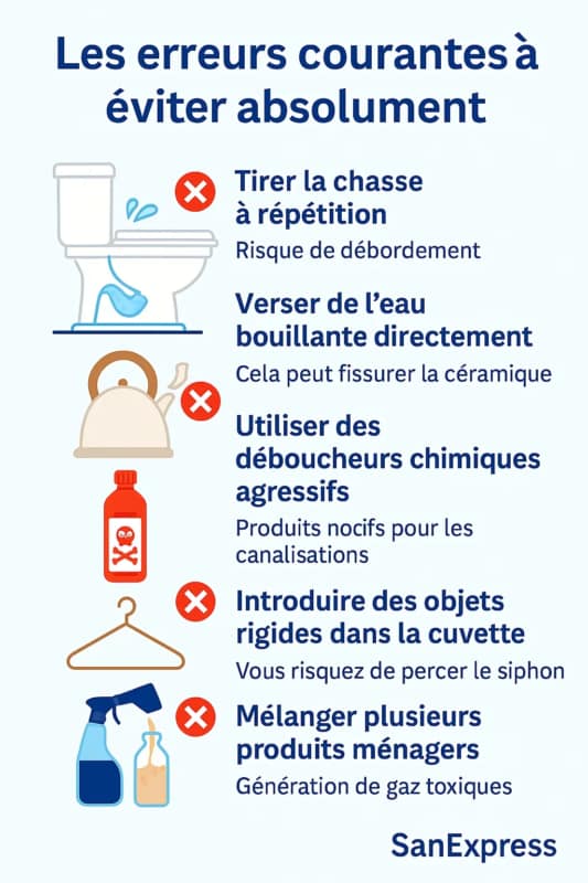 Schéma illustrant cinq erreurs fréquentes à éviter lors du débouchage d’un WC : tirage répété de la chasse, eau bouillante versée dans la cuvette, produits chimiques agressifs, objets rigides comme cintres, et mélange de produits ménagers – conseils SanExpress.