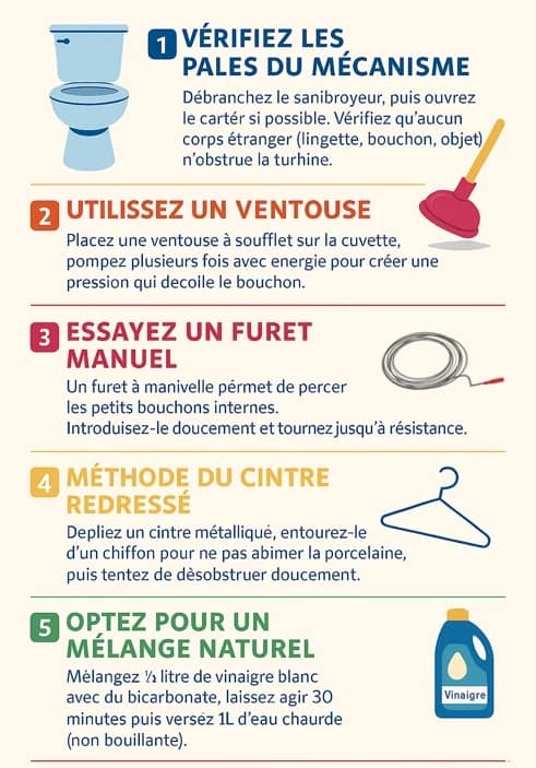 Infographie expliquant comment déboucher un sanibroyeur bouché en 7 étapes : vérification du mécanisme, ventouse, furet, cintre, solutions naturelles, conseils professionnels.