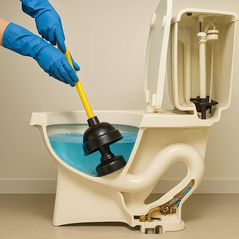 Une personne utilise une ventouse dans une cuvette de WC remplie d’eau, illustrant la technique pour déboucher des WC manuel avec des gants bleus dans une coupe transversale des toilettes.