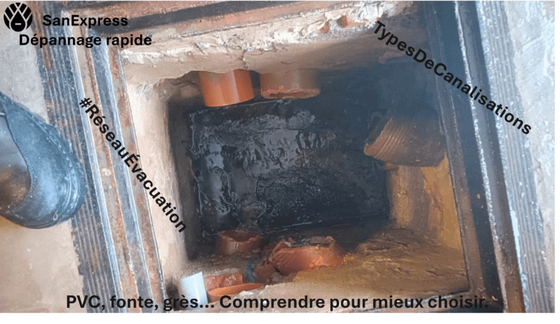 Photo d’un regard de canalisation montrant différents types decanalisation (PVC, grès, fonte), avec le logo SanExpress en haut à gauche, les hashtags #RéseauÉvacuation et #TypesDeCanalisations en diagonale, et le slogan “PVC, fonte, grès... Comprendre pour mieux choisir.” affiché en bas