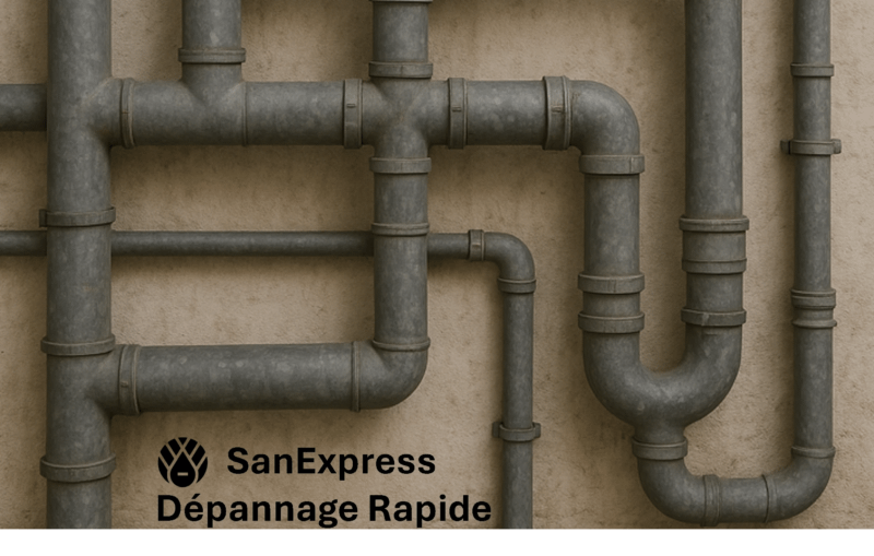Réseau de canalisations en PVC gris fixé à un mur en béton, avec plusieurs coudes et raccords en T illustrant un système d’évacuation domestique.