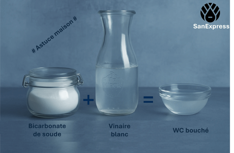 Photo illustrant la combinaison de bicarbonate de soude et de vinaigre blanc comme solution naturelle pour déboucher un WC efficacement. Les éléments sont alignés sur fond bleu : un pot de bicarbonate, une bouteille de vinaigre, et un bol d’eau claire symbolisant un WC débouché.