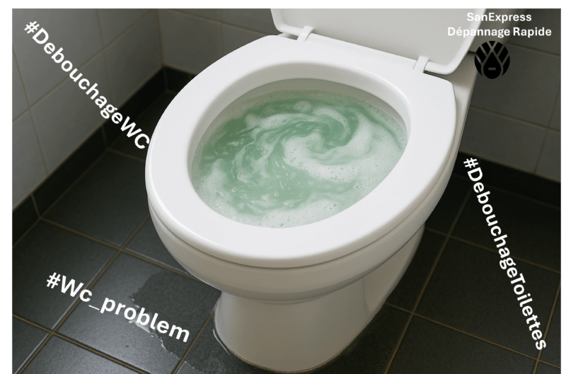 Toilette bouchée avec de l'eau verte et de la mousse remontant dans la cuvette, accompagnée de hashtags #Wc_problem et #DebouchageToilettes sur un carrelage gris.