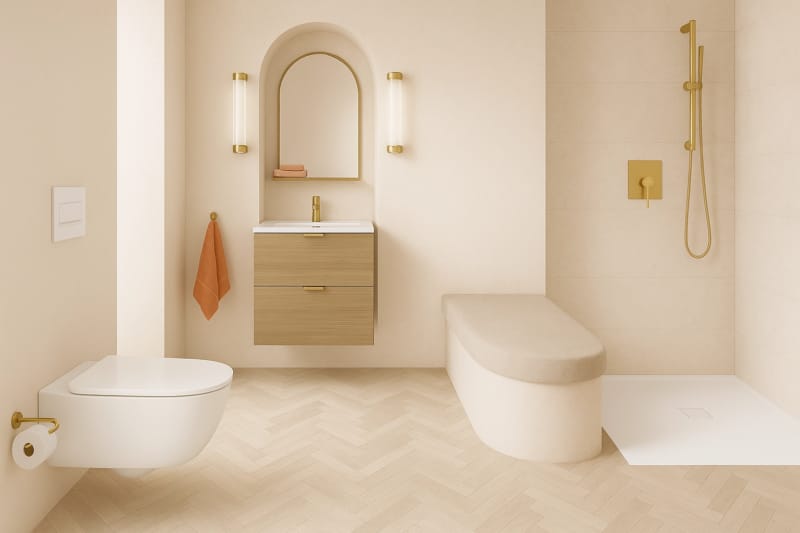 alle de bain moderne avec WC suspendu, douche à l’italienne et meuble vasque design — installation sanitaire propre et esthétique