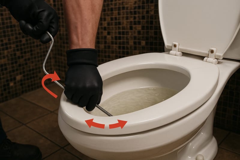 Plombier utilisant un furet manuel pour déboucher une toilette remplie d'eau, avec des gants noirs et des flèches indiquant le mouvement de rotation et d'aller-retour.
