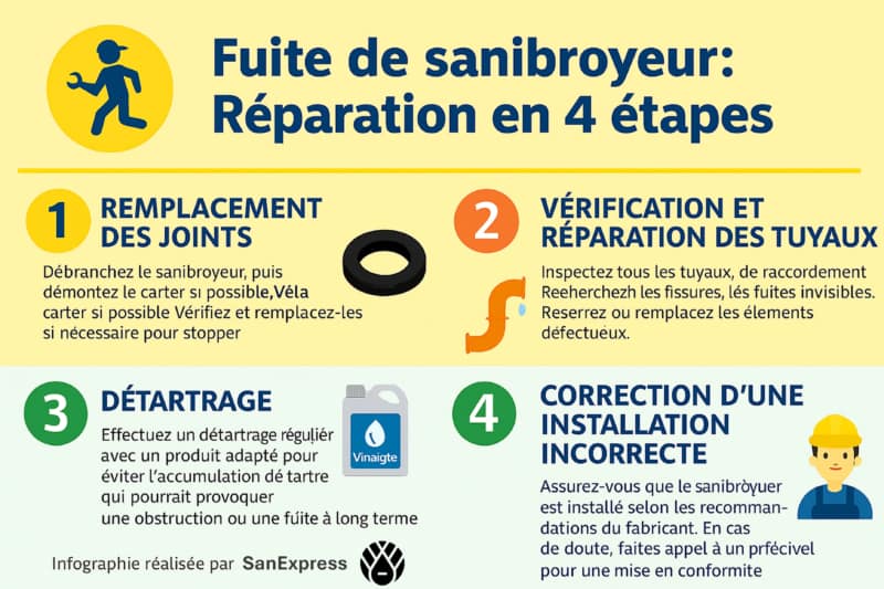 Infographie montrant comment réparer une fuite de sanibroyeur en 4 étapes : remplacement des joints, vérification des tuyaux, détartrage, et correction de l’installation – méthode SanExpress.