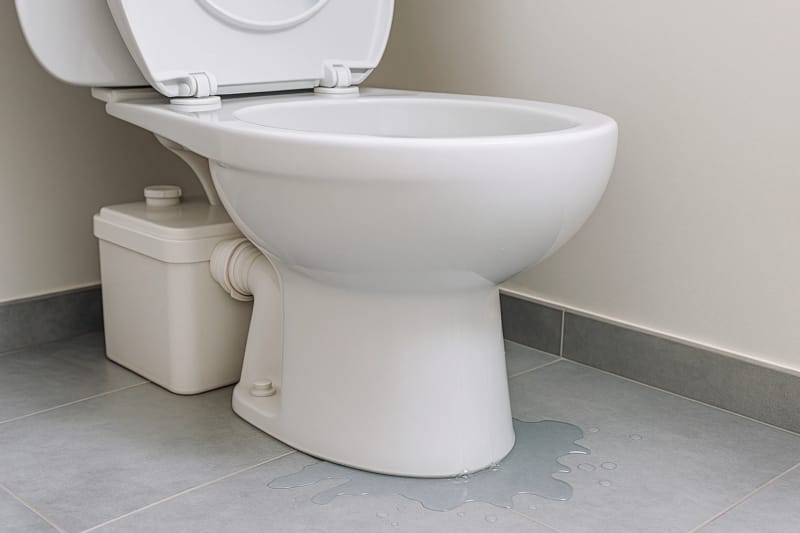 Image montrant un sanibroyeur avec fuite visible à la base des toilettes, illustrant un problème fréquent traité par SanExpress en Wallonie.
