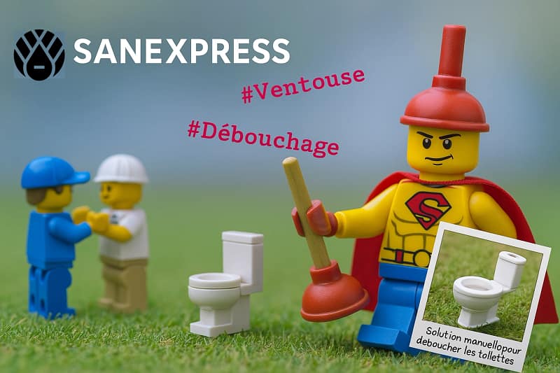 Illustration ludique mettant en scène un personnage Lego avec une ventouse, représentant un héros du débouchage domestique – déboucher un WC avec une ventouse