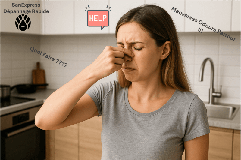 Une femme se tient dans une cuisine moderne, pinçant son nez à cause d’une forte odeur désagréable. Des textes comme "HELP", "Quoi faire ???", "Mauvaises odeurs partout !!!" et le logo de SanExpress Dépannage Rapide sont ajoutés sur l’image pour illustrer une situation d’urgence liée aux odeurs d’égout.