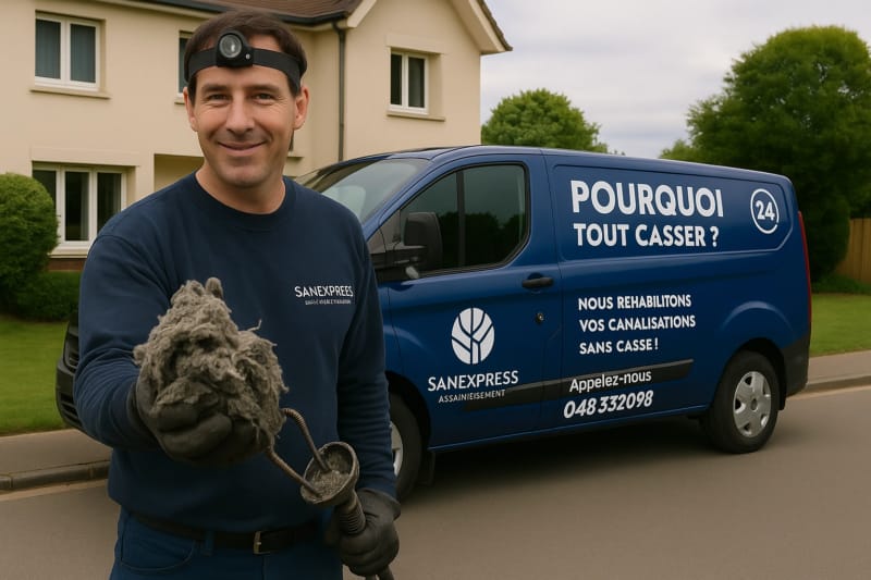 Technicien SanExpress tenant un bouchon de lingettes devant son véhicule après une intervention pour un wc bouché avec des lingettes.