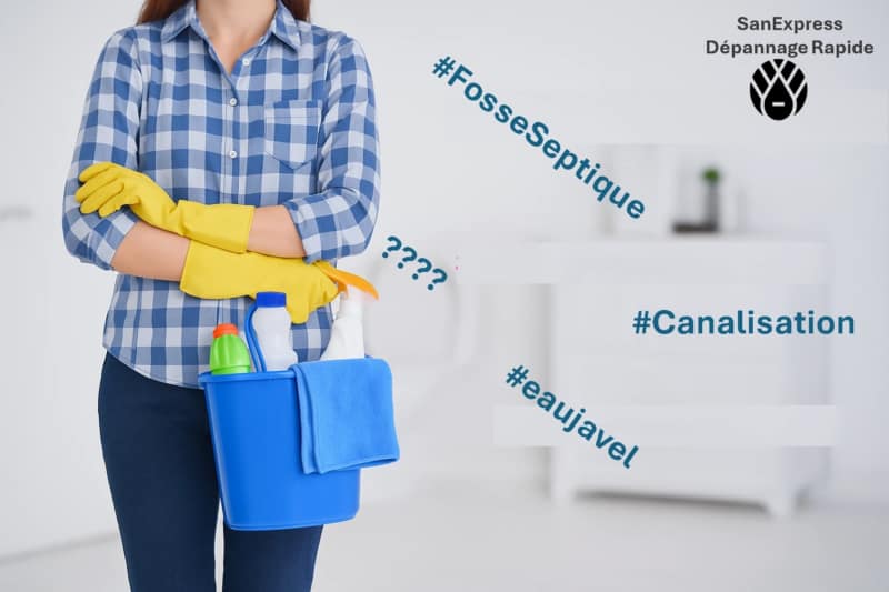 Photo d’une femme en chemise à carreaux bleus et gants de nettoyage jaunes, tenant un seau bleu rempli de produits ménagers, avec un chiffon bleu et une bouteille d’eau de Javel. L’image est annotée avec des hashtags en bleu tels que #FosseSeptique, #Canalisation, et #eaujavel, et le logo SanExpress Dépannage Rapide en haut à droite.