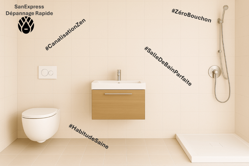 Salle de bain contemporaine et épurée comprenant un WC suspendu, un lavabo mural et une douche à l’italienne. Des hashtags sont affichés sur les murs : #CanalisationZen, #ZéroBouchon, #SalleDeBainParfaite, #HabitudeSaine, ainsi que le logo SanExpress Dépannage Rapide. L’image met en valeur l’importance de l’entretien régulier pour prévenir les problèmes de canalisations.