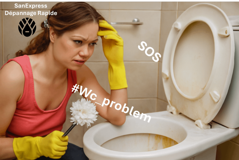 Photo d’une femme dans une salle de bain moderne, tenant une brosse à toilettes, visiblement concentrée pour trouver l'origine du bouchon dans ses toilettes. L'image illustre le processus de détection du problème d'une toilette bouchée, avec un arrière-plan clair et simple.