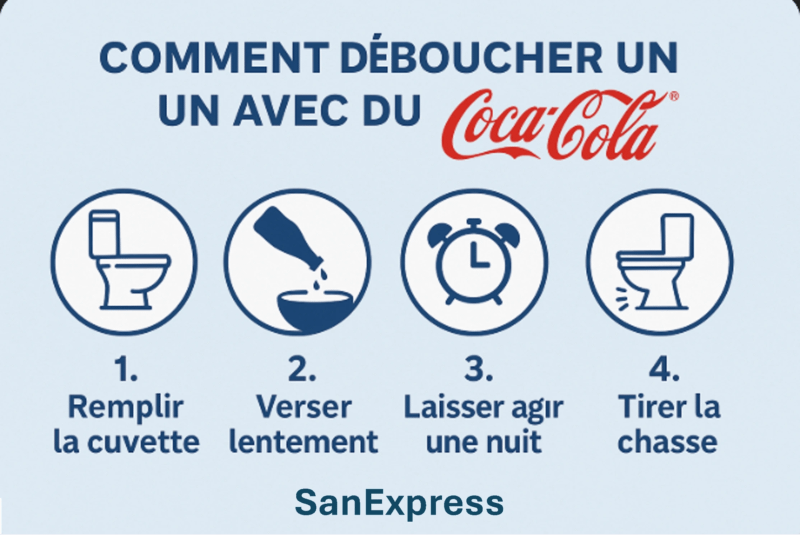 Infographie en quatre étapes montrant comment déboucher un WC avec du Coca-Cola : remplir la cuvette, verser doucement, laisser agir une nuit, tirer la chasse – méthode SanExpress.
