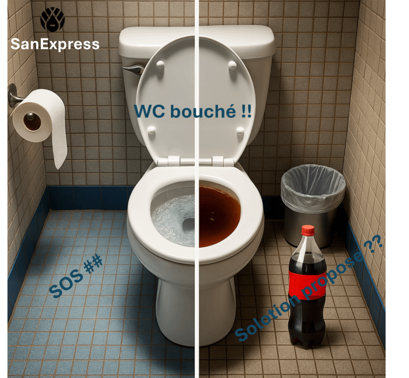 Image illustrant un WC bouché débouché grâce au Coca-Cola, avec logo SanExpress et message “WC bouché ? Solution proposée” – méthode alternative pour déboucher un WC avec du Coca-Cola.