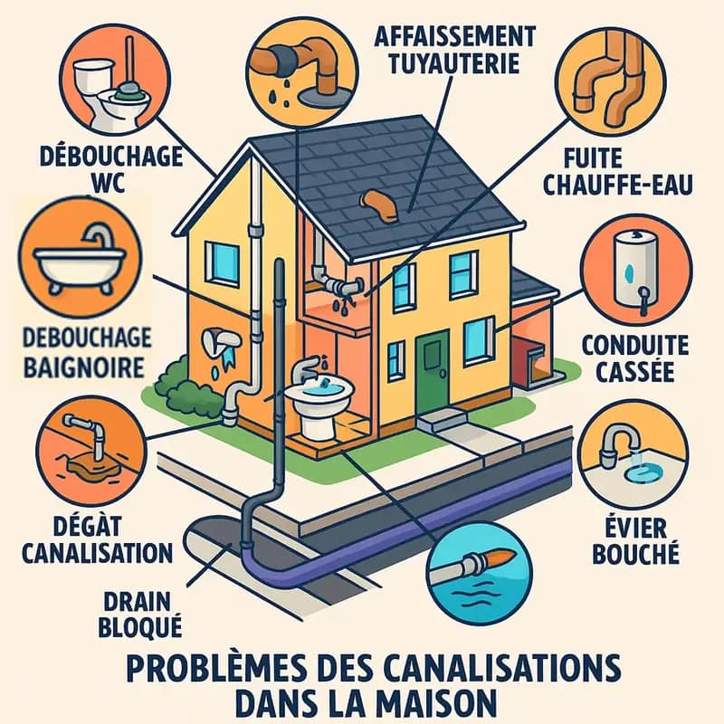 Illustration des différents types de débouchage à la maison : WC, lavabo, évier, sterput, fosse septique, curage de canalisation