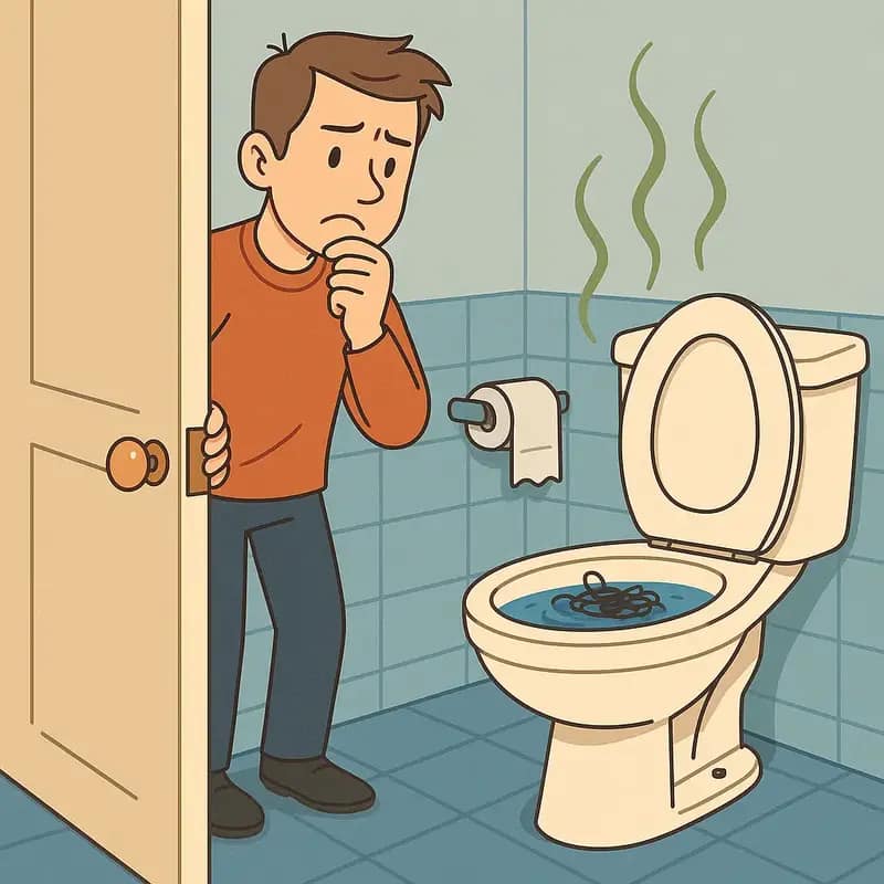 Illustration humoristique d’un homme face à une toilette bouchée avec mauvaise odeur – situation courante à la maison
