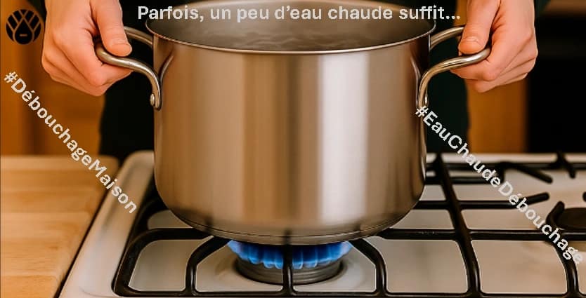 Image d'une astuce pour déboucher ses canalisations avec de l'eau chaude, d’une casserole d’eau bouillante posée sur une cuisinière à gaz, avec les hashtags #DébouchageMaison et #EauChaudeDébouchage, et le slogan “Parfois, un peu d’eau chaude suffit…” accompagné du logo SanExpress