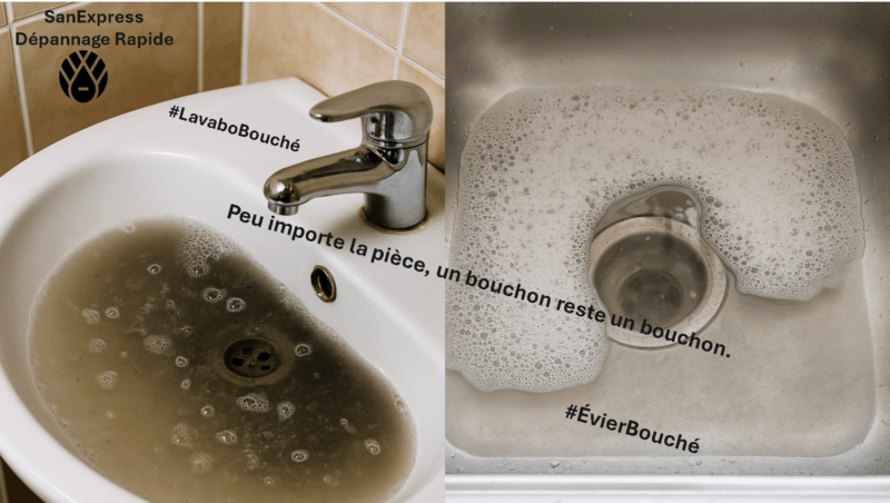 Image comparative montrant à gauche un lavabo bouché rempli d’eau trouble et à droite un évier de cuisine en inox partiellement rempli d’eau savonneuse, illustrant deux cas courants de types de bouchons de canalisation